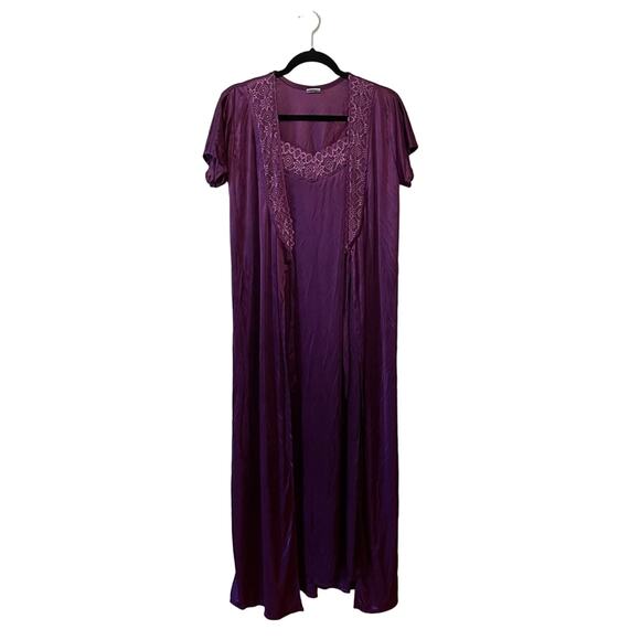 Vintage Other - Vintage L purple lingerie set robe nightgown lace metallic slip chemise
